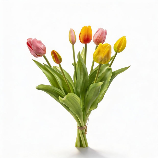 Tulpenboeket - Vrolijke Mix - ‘Real Touch’ Kunsttulpen - 7 stelen - 42 cm