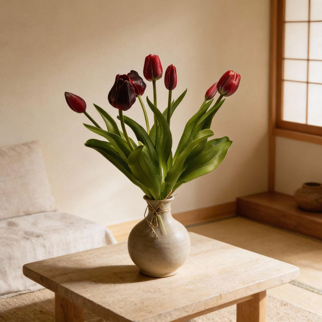 Tulpenboeket - Diep Rood - ‘Real Touch’ Kunsttulpen - 7 stelen - 42 cm